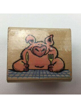 Vintage Pig Out Rubber Mounted Stamp 170E Happy Eating Table Food Piggy Fork 80s